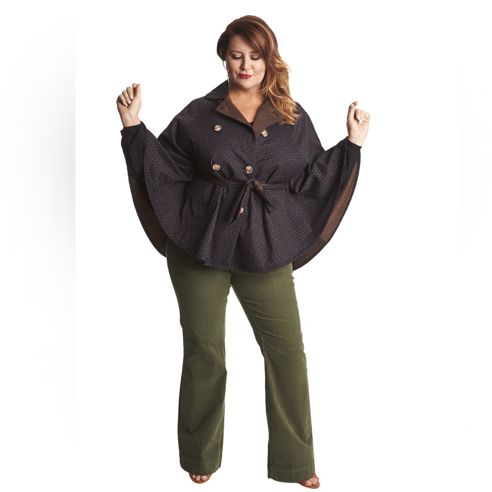 Melissa McCarthy Seven7‎ Plus Size 1X Reversible Cape Jacket Navy Gold Polka Dot